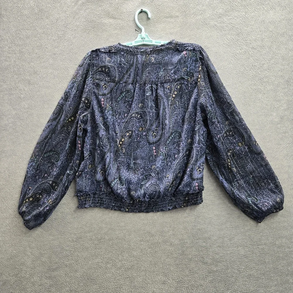 Lucky‎ Brand Women Blouse L Blue Paisley Sheer Chiffon Bubble Hem